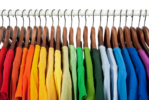 Rainbow colors, clothes on wooden hangers - Photo, Image