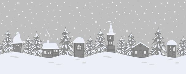 Noel arka plan. Peri masalı kış manzarası. Sorunsuz sınır. Fantastik evleri ve köknar ağaçları gri bir arka plan üzerinde bulunmaktadır. Vektör çizim - Vektör, Görsel