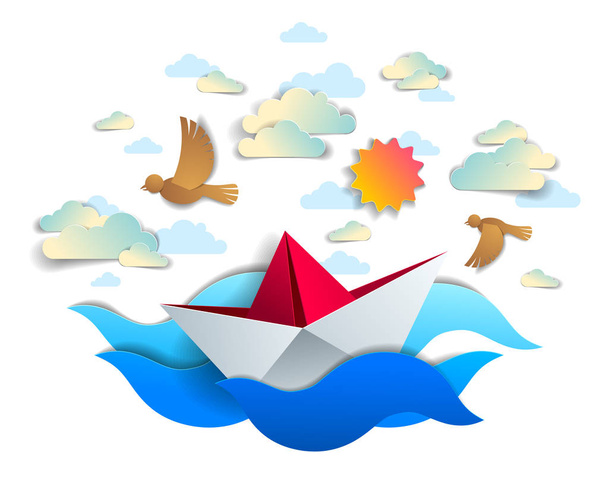 Paper ship swimming in sea waves, origami folded toy boat floating in the ocean with beautiful scenic seascape with birds and clouds in the sky, vector illustration.  - Вектор, зображення