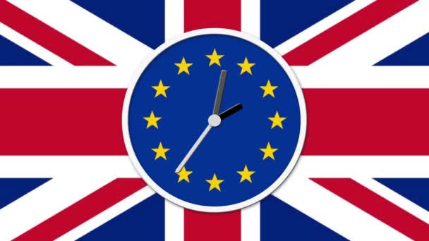 Animovaný hodinový ciferník odpočítává. Brexit Uk Eu referenda koncept s vlajkami a hodiny - Záběry, video