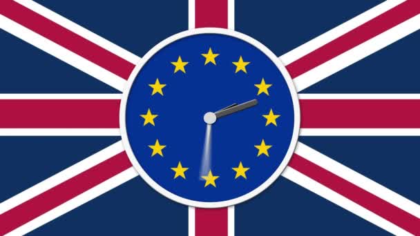 Animovaný hodinový ciferník odpočítává. Brexit Uk Eu referenda koncept s vlajkami a hodiny - Záběry, video