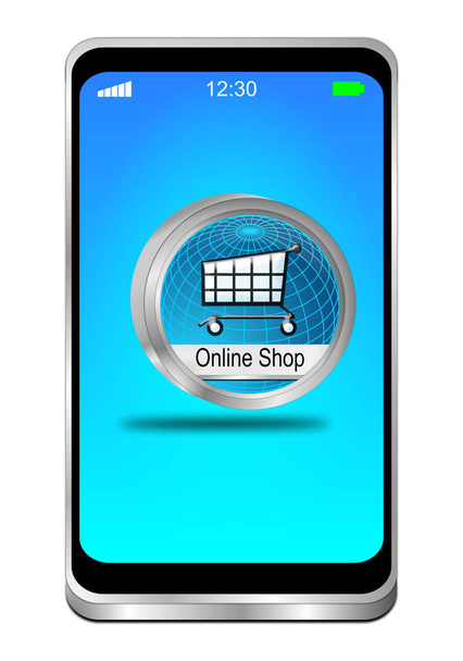 Smartphone con blu online Shop Button sul desktop blu - Illustrazione 3D
 - Foto, immagini