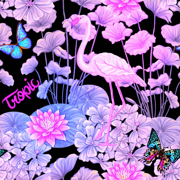 Patrón sin costuras, fondo. con plantas tropicales y flores con flamenco Ilustración vectorial coloreada en neón, colores fluorescentes aislados sobre fondo negro
 - Vector, Imagen