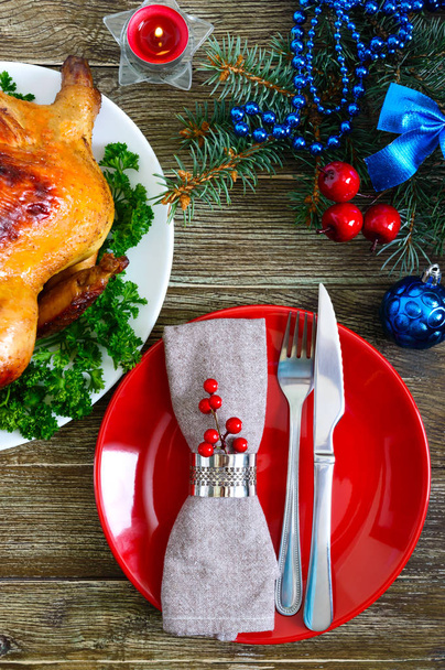 Traditional dish turkey on the holiday table. Festive dinner for Thanksgiving or Christmas. The top view. Christmas Xmas New Year holiday background. - Foto, immagini