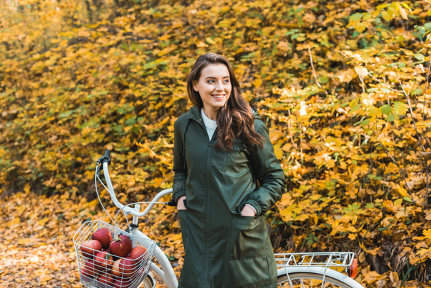 feliz hermosa mujer de pie cerca de la bicicleta con cesta llena de manzanas en el bosque otoñal
 - Foto, Imagen