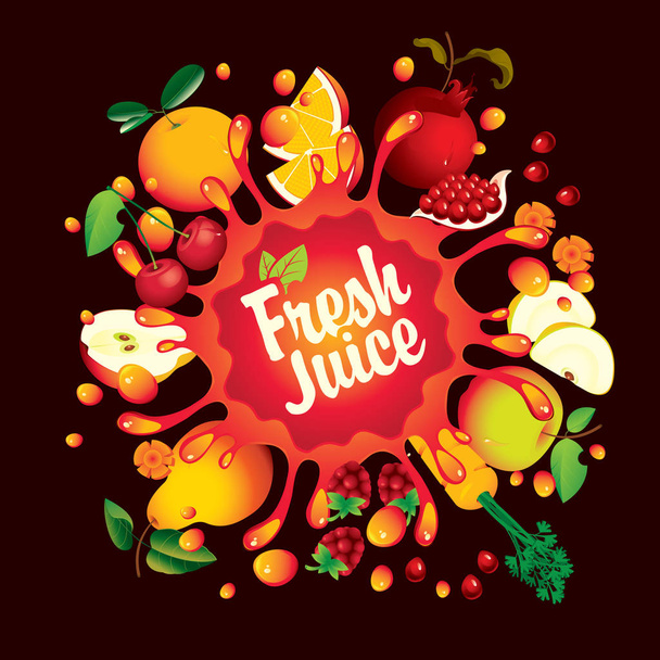 Vector banner with calligraphic inscription Fresh juice with various fruits, berries and vegetables and juice splashes on black background - Вектор,изображение