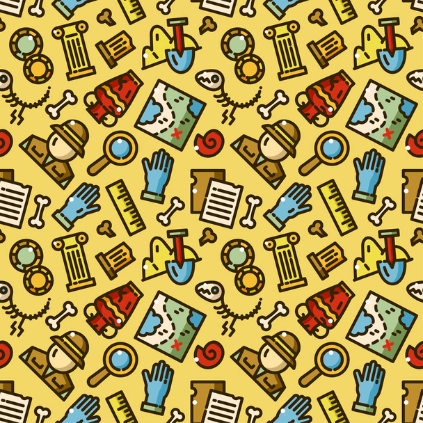 Archeology seamless pattern with objects in line style, excavation vector illustration - Вектор, зображення