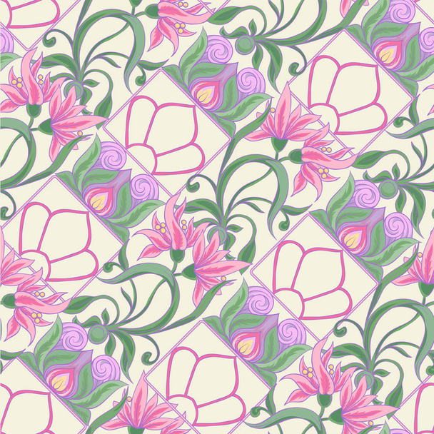 Floral seamless pattern, background  In art nouveau style, vintage, old, retro style in pink and yellow colors. Vector illustration.  - Vector, Image