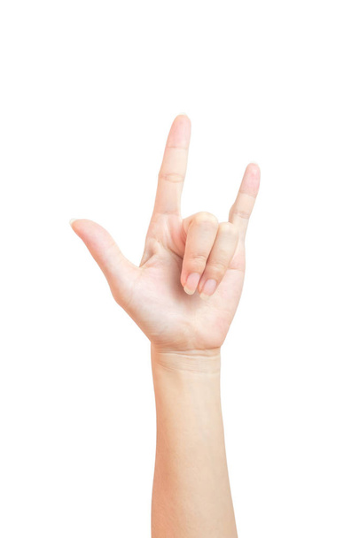 A woman's hand lifted a thumbs up symbol I love you isolated on white background and clipping path - Photo, Image