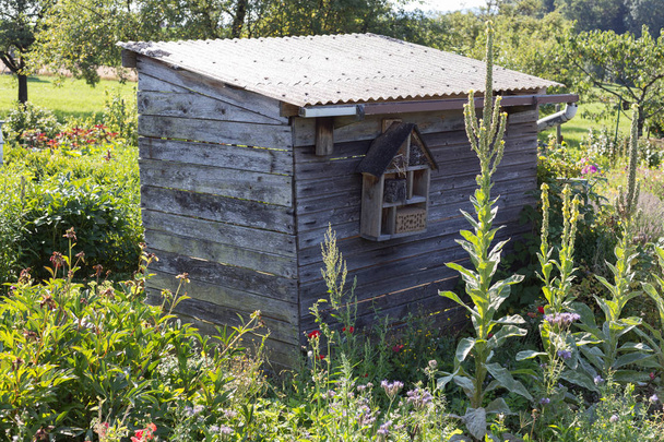 op een warme zomerdag in een cottage tuin verschillende hutten en kleine kisten voor opslag en tuingereedschap zijn in een gebied in de buurt van stuttgart in Zuid-Duitsland - Foto, afbeelding
