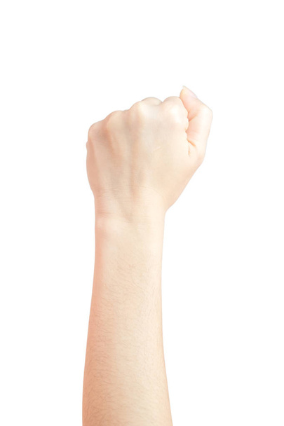Naisen käsi nosti peukalot ylös symboli nyrkki edustaa taistelu eristetty valkoisella pohjalla ja leikkaamalla polku
 - Valokuva, kuva