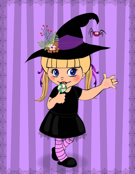 Boldog Halloween üdvözlőlap Bencze Csintalan kislány boszorkány ruha jelmez és kalapban emelkedik a kéz keretezett pókháló lila csíkos háttér. Vektoros illusztráció. - Vektor, kép