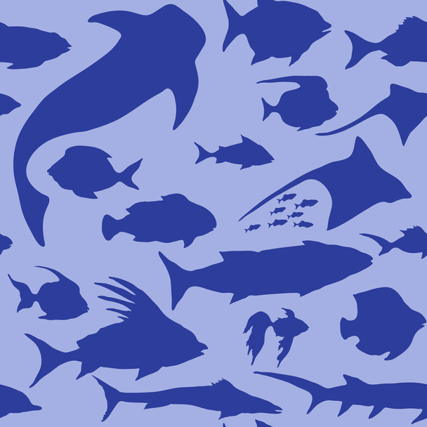 Vector Seamless pattern with sea underwater fish Silhouettes - Vektör, Görsel