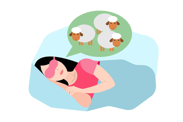 Contando ovejas. Vector de mujer durmiendo y viendo ovejas en sueño. Concepto de problemas de sueño. Ilustración vectorial Eps
.  - Vector, imagen