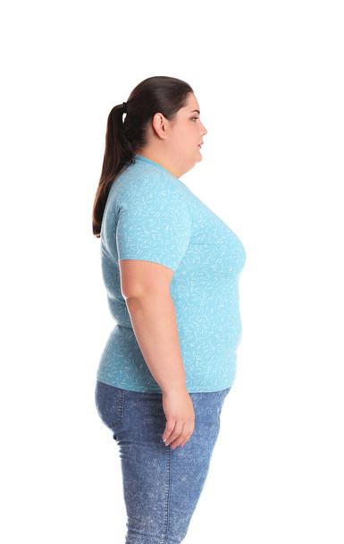 Overweight woman before weight loss on white background - Fotoğraf, Görsel