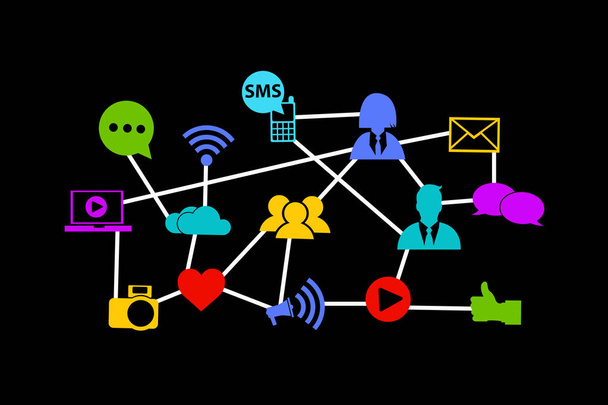 Social media networking. Illustrazione vettoriale di icone colorate collegate di persone e gadget diversi su sfondo nero
.  - Vettoriali, immagini