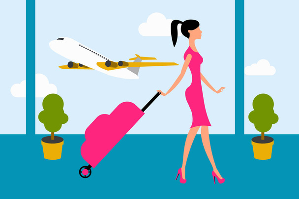 Εικονογράφηση διάνυσμα EPS γυναίκα σε ροζ φόρεμα περπάτημα με βαλίτσα στο αεροδρόμιο. - Διάνυσμα, εικόνα