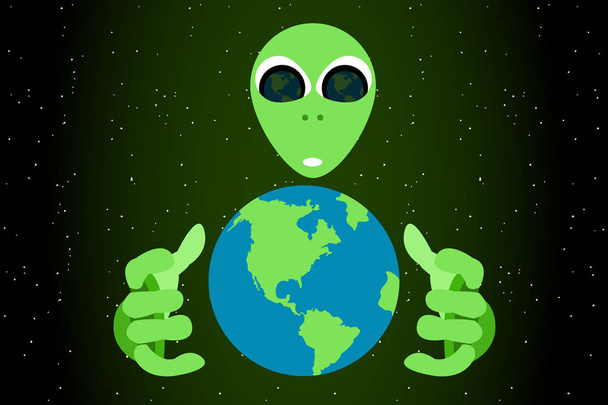 Векторная иллюстрация зеленого инопланетянина, тянущего руки к Земле в открытом космосе
. - Вектор,изображение