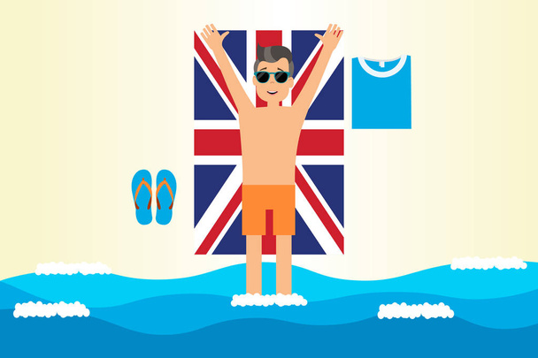 Du bronzage. Illustration vectorielle d'un homme joyeux portant des lunettes de soleil couché sur une serviette de drapeau britannique au bord de la mer. Vacances sur la plage concept
. - Vecteur, image