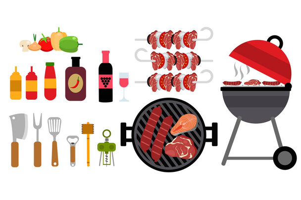 Verschillende producten, barbecue en gebruiksvoorwerpen voor de barbecue. EPS vectorillustratie - Vector, afbeelding