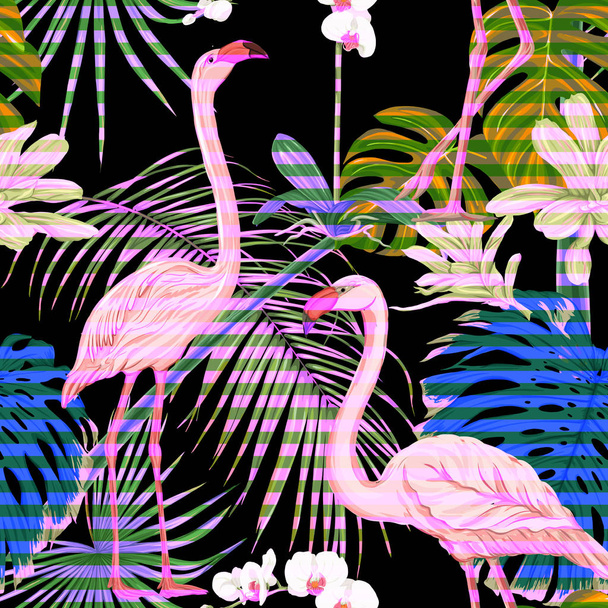 Dikişsiz desen, arka plan. tropikal bitki ve çiçeklerle beyaz orkide ve tropikal kuşlar. Neon, floresan renkler çizgili siyah arka plan üzerinde renkli vektör çizim - Vektör, Görsel