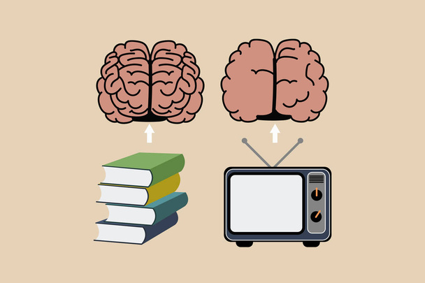 Smart mózgu z książek i głupie jeden z Tv ustawić. Książki sprawiają, że jesteś mądrzejszy i telewizor sprawi, że głupi, rozkłada ci. Książek będzie miało wpływ na Twoje pojęcie pracy mózgu. Ilustracja wektorowa EPS - Wektor, obraz