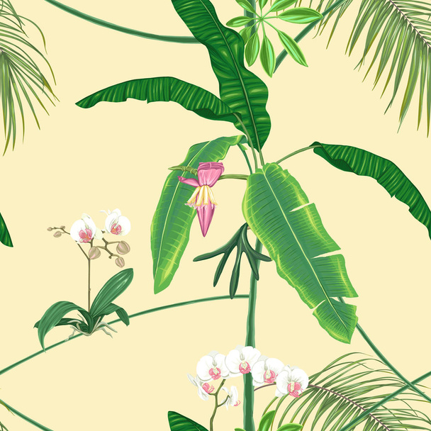 Тропические растения и белые цветы орхидеи. Бесшовный рисунок, фон. Цветная векторная иллюстрация без градиентов и прозрачности. На мягком желтом фоне
. - Вектор,изображение