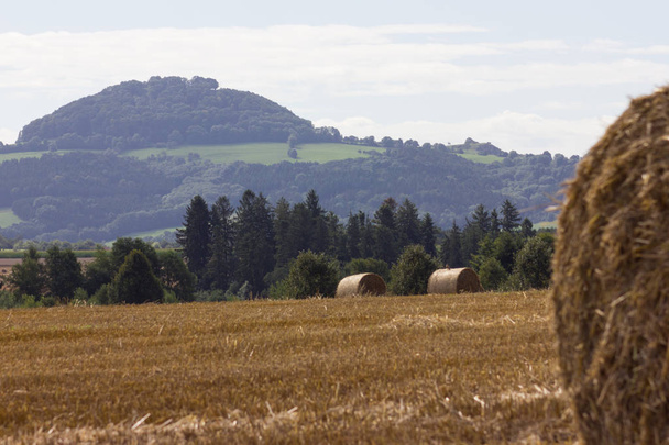 straw bale in stubblefield in south german landscape in summer month august near stuttgart - Photo, Image