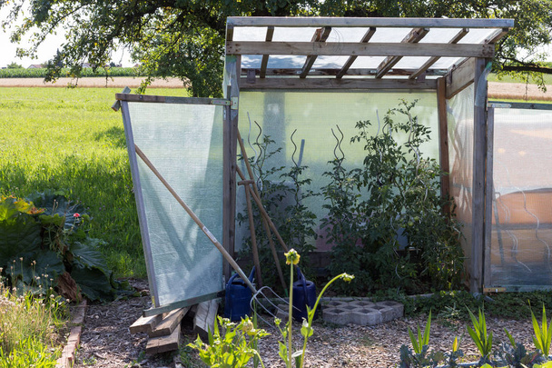 em um dia quente de verão em um jardim de casa de campo várias cabanas e baús pequenos para armazenamento e ferramentas de jardinagem estão em uma área perto de stuttgart no sul da alemanha
 - Foto, Imagem