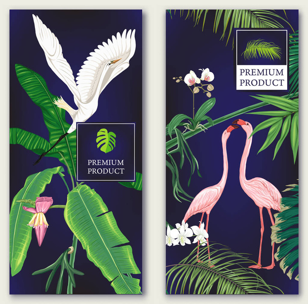 Set of two templates for label for premium product  or cards, invitation, banner  with tropical plants, palm leaves, monsters, orchids and birds. Colored vector illustration. - Vettoriali, immagini