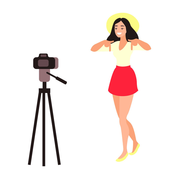Teen video blogger. Fashion blogger showing new trends. Young girl recording video tutorial for Internet - Vector, Image