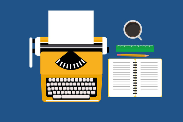Illustration vectorielle Eps de machine à écrire orange vintage et bloc-notes avec fournitures et café
. - Vecteur, image