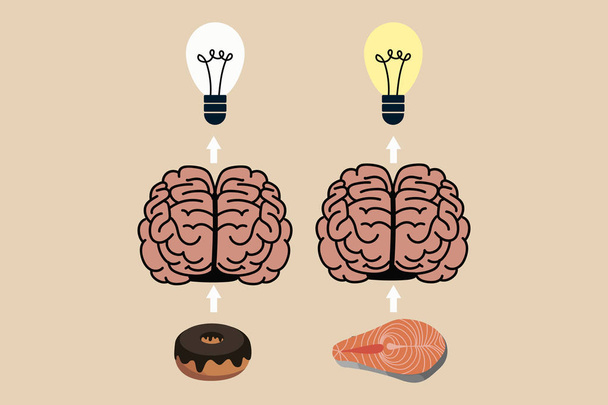 Good food make you smarter. Eps vector illustration of donut and fish steak with brains and lighting and turned off bulb. Food make a difference on your brain work concept - Vector, Image
