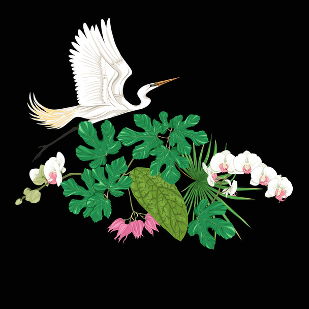 Una composición de plantas tropicales, hojas de palma, monstruos y orquídeas blancas con garza blanca En estilo botánico Ilustración vectorial coloreada en neón, colores fluorescentes. Diseño de color y contorno. Sobre fondo negro
. - Vector, Imagen