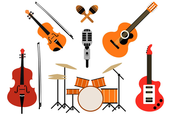 Diferentes instrumentos de cuerda y batería sobre fondo blanco. Conjunto de herramientas musicales. Ilustración vectorial Eps
 - Vector, Imagen
