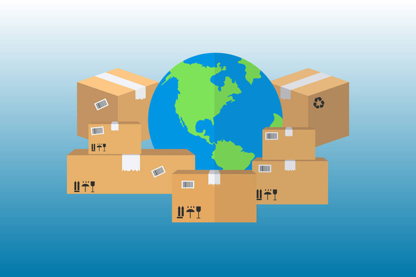 Vectorillustratie van verschillende grootte kartonnen dozen en de aarde op een blauwe achtergrond. Verzending-levering allemaal rond het concept "wereld". Platte EPS-ontwerp.  - Vector, afbeelding