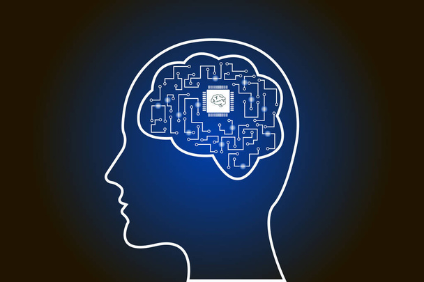 Vector illustration of silhouette of person with CPU in head. Microchip memory flash in brain, bionic memory concept. Flat eps design. - Vector, Image