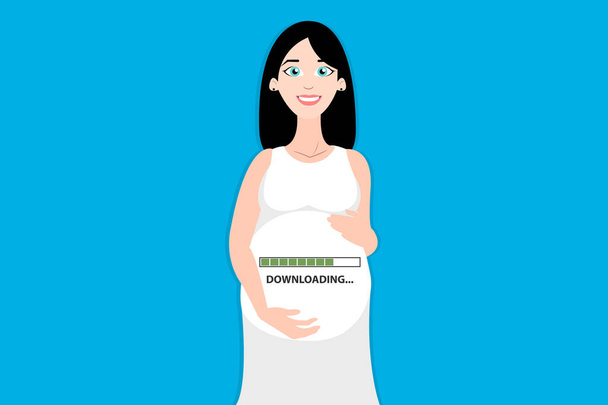 Vectorillustratie van lachende zwangere vrouw houden buik met het downloaden van de schaal. Zwangerschap vordert, baby groeit binnen je concept. Vlak en horizontaal EPS-afbeelding. - Vector, afbeelding