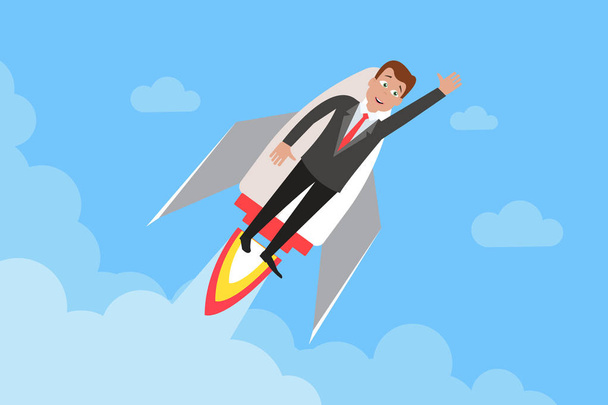 Vector illustration of cheerful excited businessman with hand up flying up on rocket, man with high risky goals targets on a spaceship. Successful adventure dream concept. Eps flat horizontal image - Vector, Image