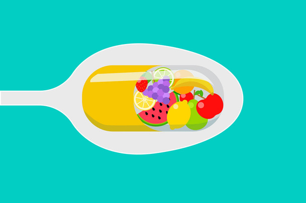 Imagen de cuchara y cápsula transparente llena de saludable mezcla de frutas vitaminizadas. Ilustración vectorial Eps, imagen horizontal, diseño plano
 - Vector, Imagen