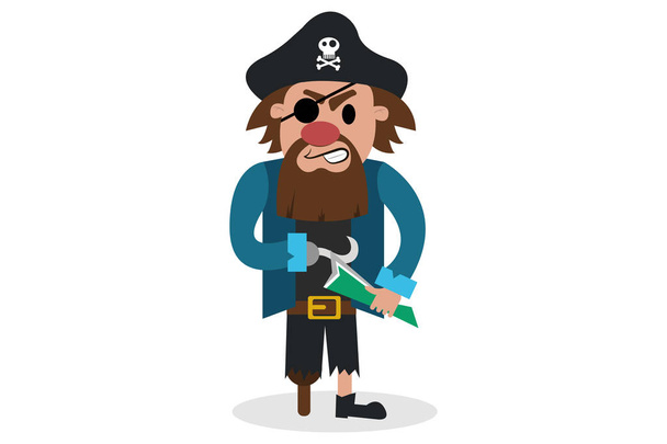 Vector illustration of old scary pirate having peg leg and hook hand isolated on white. Love for music concept. Eps vector illustration, horizontal image, flat design - Vector, Imagen