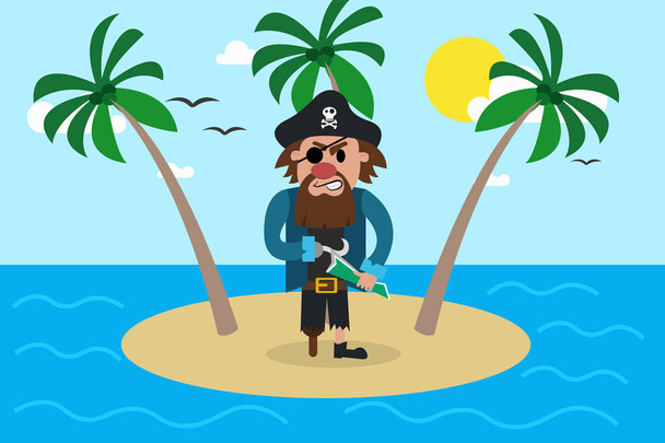 Ілюстрація громіздкого пірата з хвостовою ногою і гачком, що стоїть на невеликому острові з долонями в морі. Eps Векторні ілюстрації, горизонтальне зображення, плоский дизайн
 - Вектор, зображення