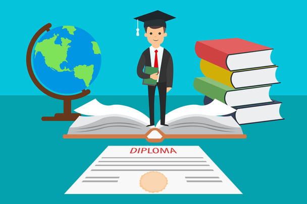 New specialist. Vector image of graduated student with diploma paper and great universal knowledge. Eps vector illustration, horizontal image, flat design. - Vector, Image
