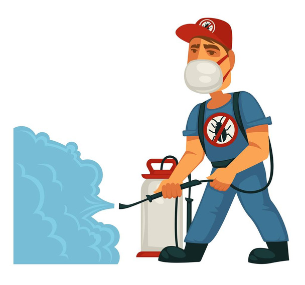 Extermination or pest control service poster template of sanitary domestic disinfection. Vector flat design of disinfectant man with gas spray for house extermination - Vector, Imagen