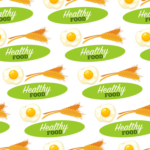 Food organic and healthy products seamless pattern isolated on white background. Milk and eggs, ear of wheat crops, jar filled with useful liquid, dairy production vector. Vitamins and proteins - Διάνυσμα, εικόνα