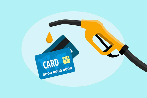 Vector design of credit cards and fueling nozzle showing concept of rising prices for petroleum gasoil isolated on light blue turquoise backdrop, background. Eps illustration. - Vector, Image