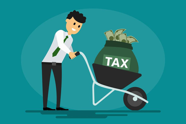 Tax return concept. Smiling eps vector illustration character of office employee man carrying a bag of money coming back from IRS as tax payment isolated on blue background.  Tax return concept - Vector, Image