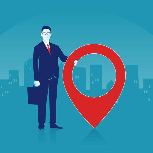 Handsome businessman man is standing close to big map pointer city scape on background. Our office location. Eps 10 Vector illustration, horizontal image, Minimalist white blue flat modern design. - Vector, Image