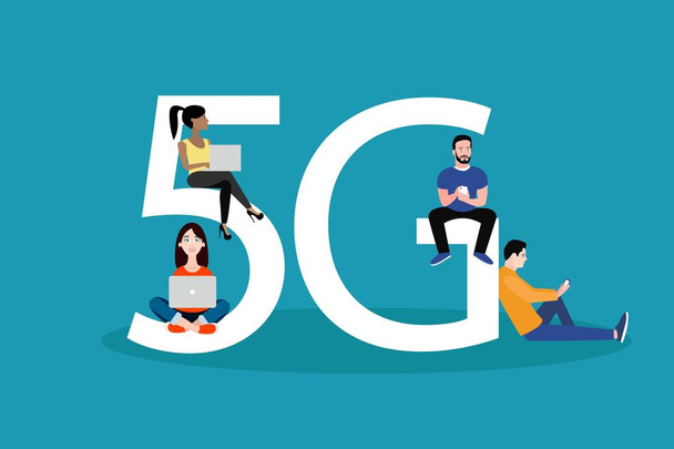 Des gens plats avec des gadgets assis sur le grand symbole 5G. Eps Vector Addicted to networks people concept illustration of young men and women using high speed wireless connection 5G via mobile smartphone
. - Vecteur, image