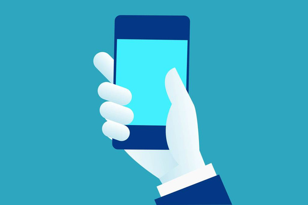 Kädessä tyhjän näytön älypuhelin, koskettaa tyhjää näyttöä. Käsi mies käyttää mobiili älypuhelin. Eps 10 Vektori kuvitus, Minimalistinen valkoinen sininen tasainen tyyli moderni muotoilu
. - Vektori, kuva